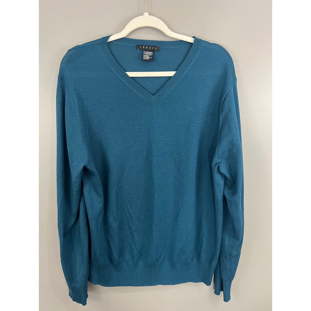 Theory Sweater Mens XL Teal Blue Great Merino Wool V-Neck Pullover 50981731